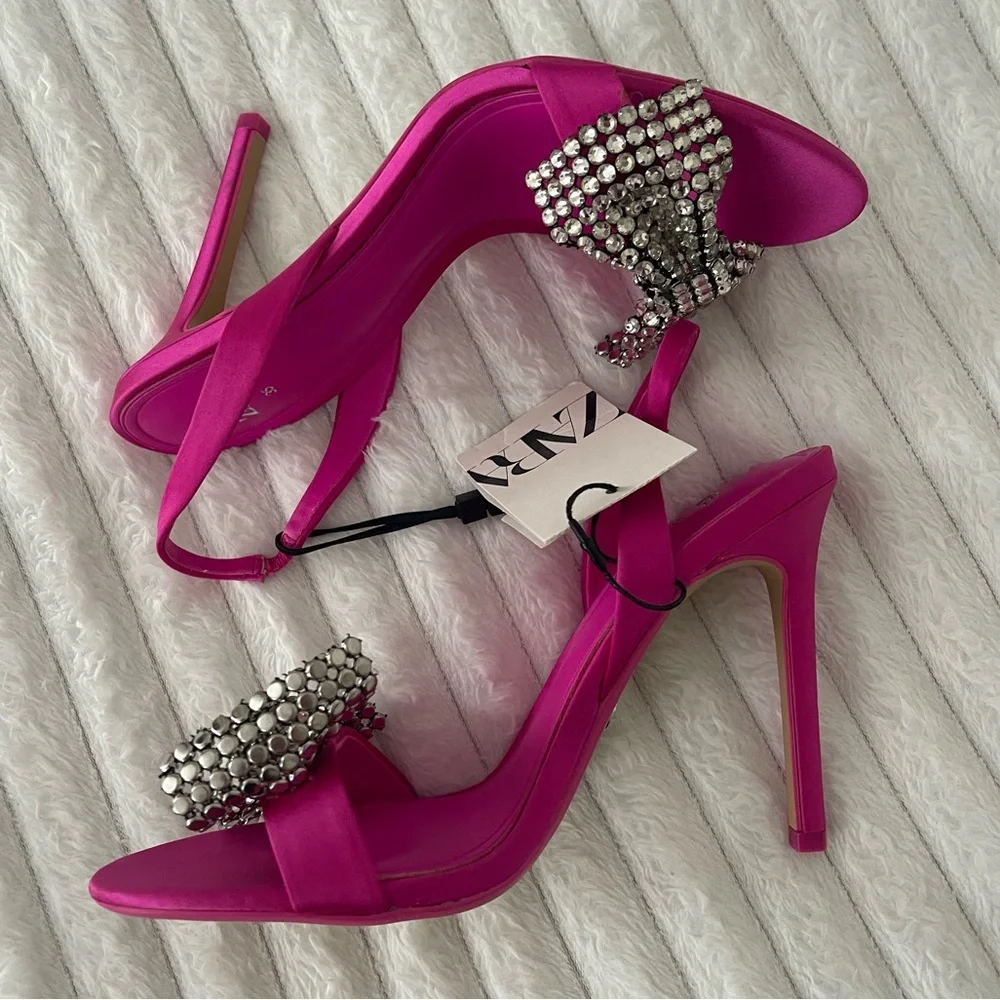 Zara Fuchsia Embellished Bow High Heel Slingbacks - Picture 7 of 13